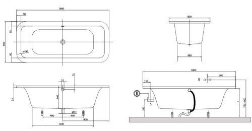 Villeroy & Boch Loop & Friends, Duo, 180x80 cm fürdőkád szögletes belső formával, kerekített peremmel UBA180LFS7V-01