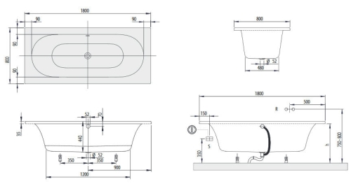Villeroy & Boch Loop & Friends, Duo, 180x80 cm fürdőkád ovális belső formával UBA180LFO2V-01