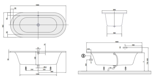 Villeroy & Boch Loop & Friends, Duo, 180x80 cm fürdőkád ovális belső formával, kerekített peremmel UBA180LFO7V-01