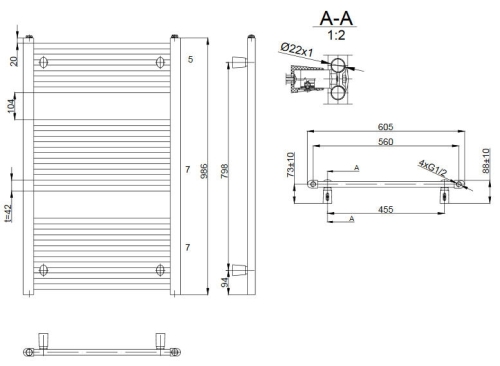AQUALINE Fürdőszobai radiátor, 600x986mm, 541W, egyenes fehér ILR96E