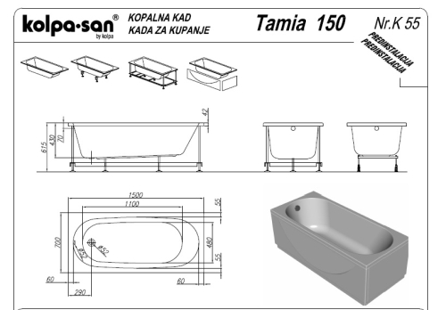 Kolpa-San Tamia 150x70 Beépíthető egyenes fürdőkád 755310