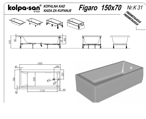 Kolpa-San Figaro 150x70 Beépíthető egyenes fürdőkád alacsony beépítési magassággal (30 cm) 757630