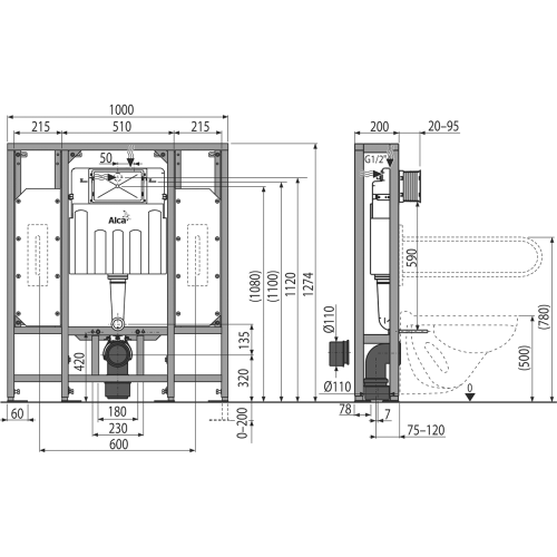 Alcaplast AM116/1300H Solomodul Falsík alatti szerelési rendszer száraz szereléshez (térbe helyezhető)