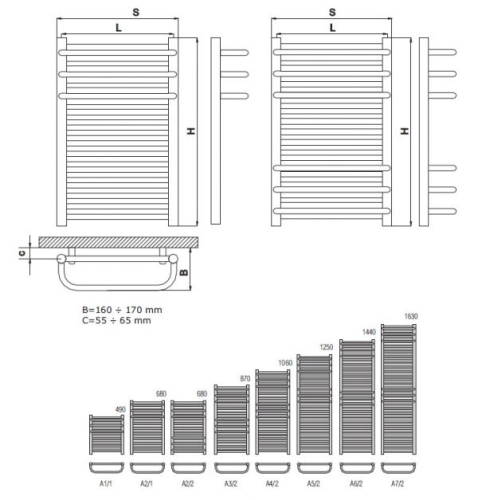 Radeco ARIA A6-350/2 design törölközőszárítós csőradiátor (865 W, fehér, 1440x385 mm)