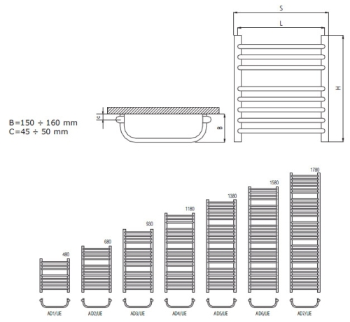 Radeco UMBERTO AD7-600/UE standard törölközőszárítós csőradiátor (1390 W, fehér, 1780x650 mm)