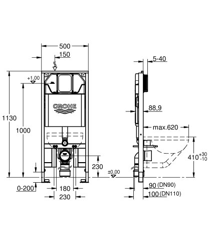Grohe Rapid SL Slim WC-elem 88,9 mm-es öblítőtartállyal, 1,13 m beépítési magasság 39687000