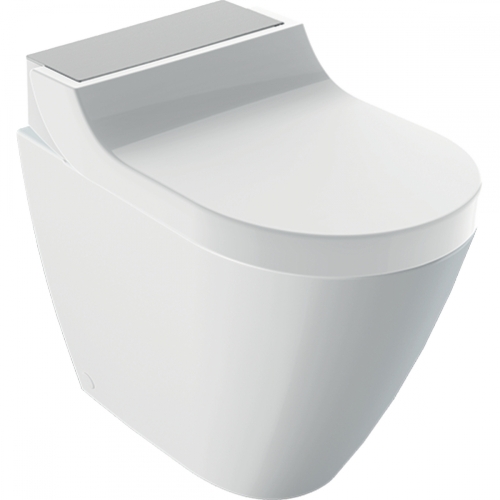 Geberit AquaClean Tuma Comfort álló WC komplett higiéniai berendezés, falhoz illeszthető szálcsiszolt rozsdamentes acél 146.310.FW.1