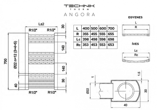 Technik Therm Angora törölközőszárító radiátor 500 mm x 700 mm, egyenes, fehér TTCSEA-500-700