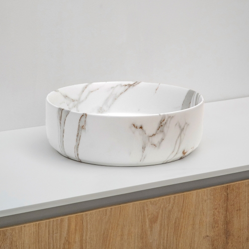 Riho Marmic márványmintás kerek kerámia mosdó 34,6x11,4 cm, matt fehér W031005M00