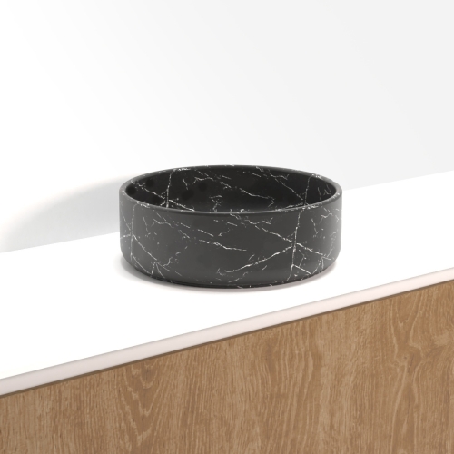 Riho Marmic márványmintás kerek kerámia mosdó 34,6x11,4 cm, matt fekete W031005M01
