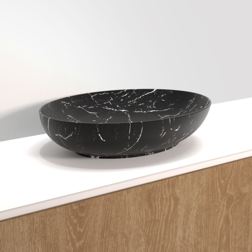 Riho Marmic márványmintás ovális kerámia mosdó  52x39,5x13 cm, matt fekete W031004M01